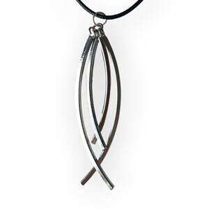 Silver tone abstract hanging fish upcycled pendant necklace - Christian